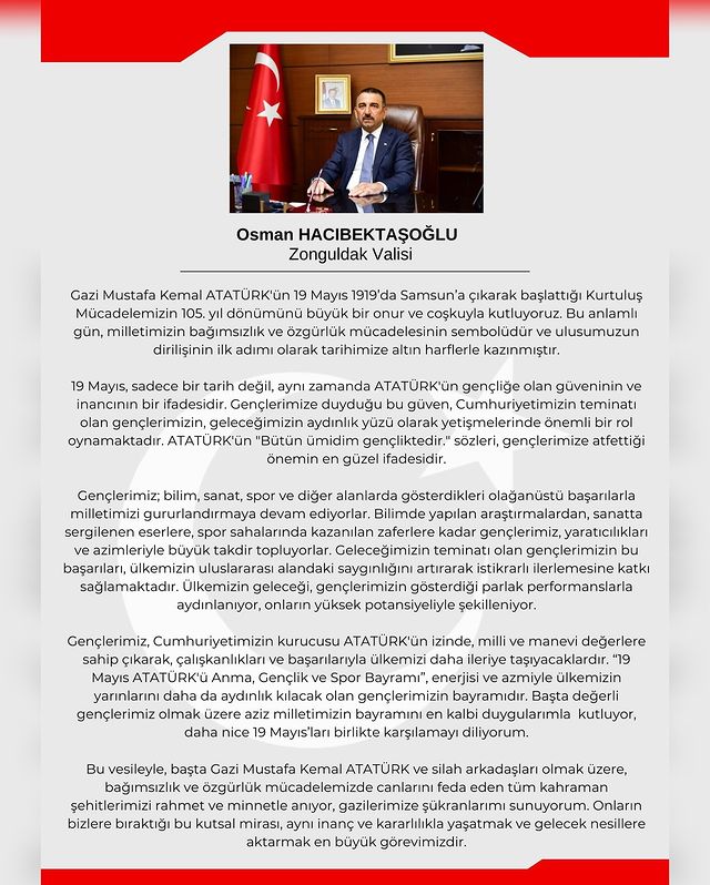 Zonguldak Valisi'nden 19 Mayıs Mesajı