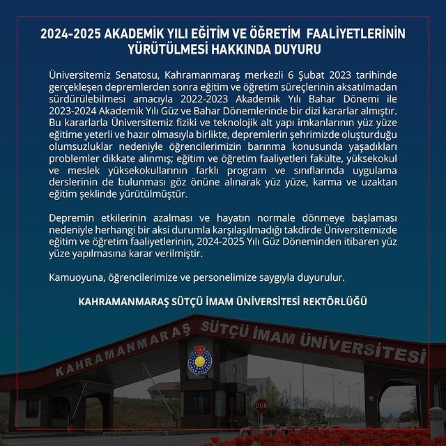 Kahramanmaraş Sütçü İmam Üniversitesi'nde 2024-2025 Akademik Yılı Eğitim Faaliyetleri Yüz Yüze Yapılacak