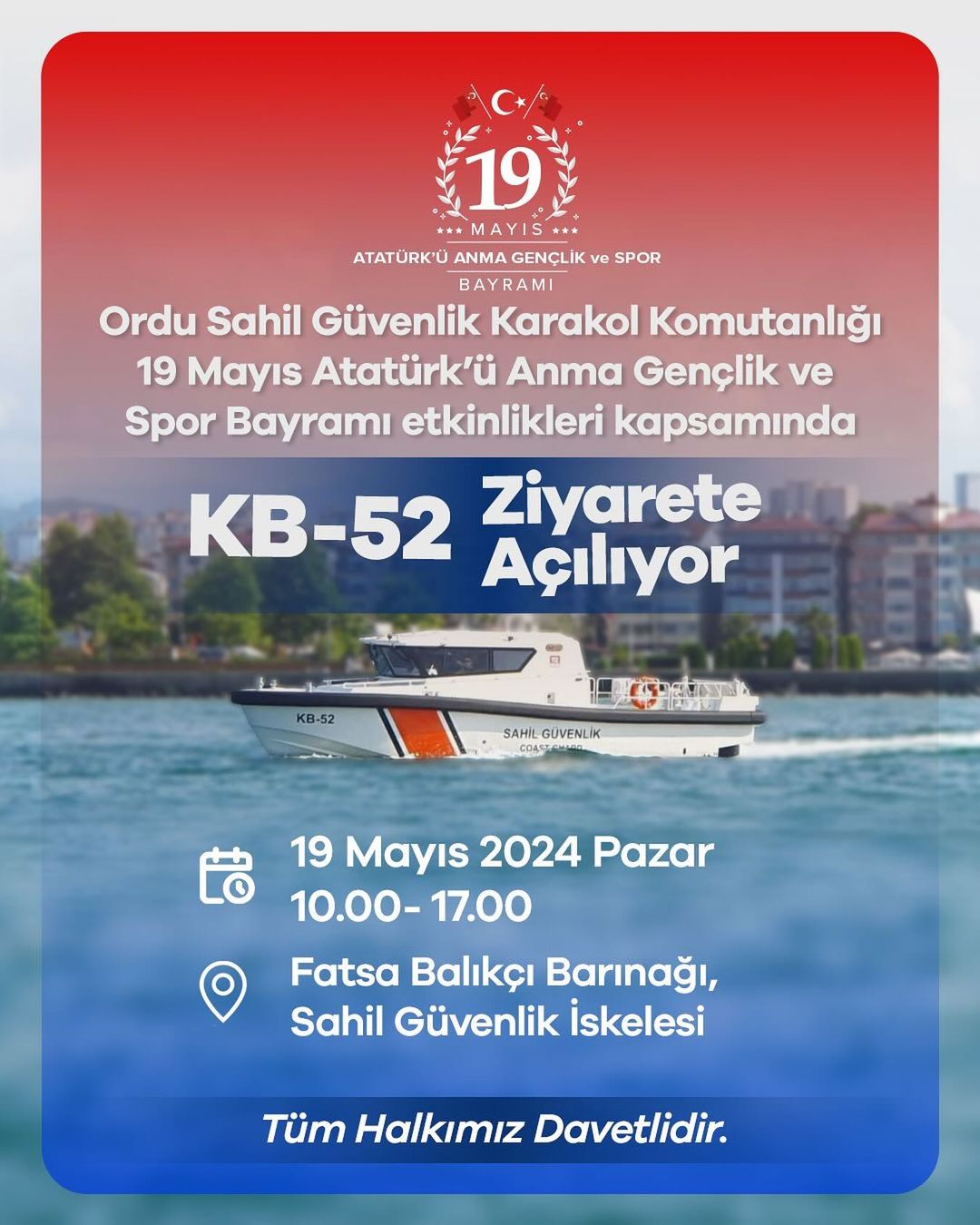Ordunun Sahil Güvenlik Karakol Komutanlığı KB-52, 19 Mayıs Atatürk’ü Anma Gençlik ve Spor Bayramı'nda Halka Açılıyor
